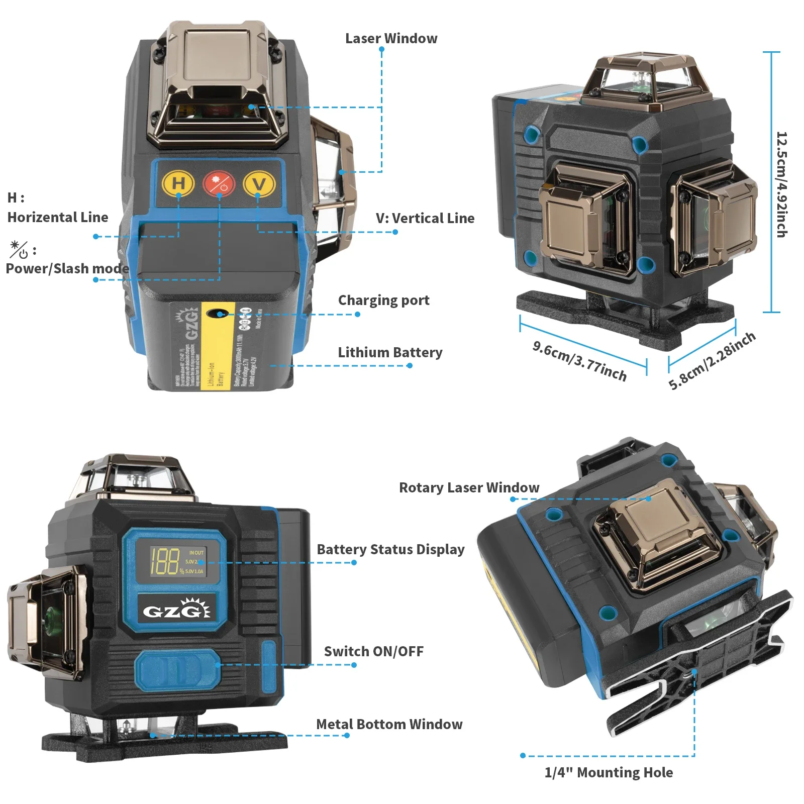 Laser Level Rechargeable Usb - G16 4D 16ラインレーザーレベル、イエロー/ブラック、18650充電式バッテリーUSB充電、プロ仕様建築工具