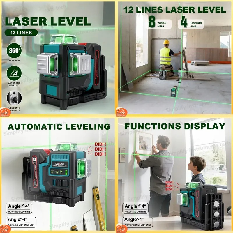 Laser Level 3D Cross Line Self Leveling - 12ライン3D自動水平調整レーザーレベル（360度） ° 水平垂直クロスグリーンビーム マキタ18V対応