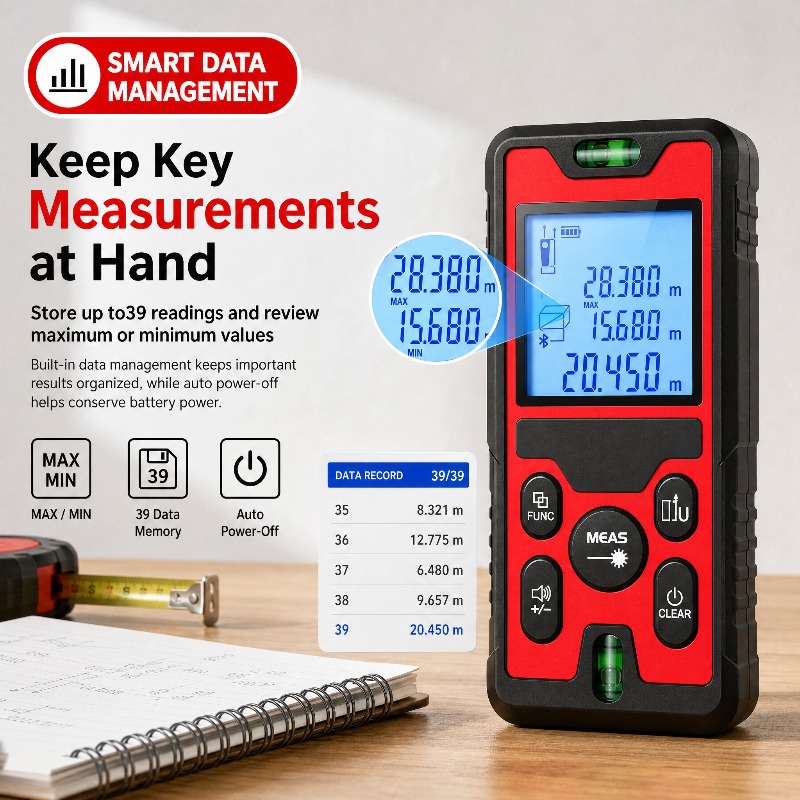 Laser Level Rechargeable Usb - 120m対応のUSB-C充電式レーザー距離計。バックライト付きLCDディスプレイ、気泡管、デジタル測定機能を搭載し、建設現場での使用に最適。