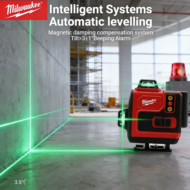Laser Level 4D 16 Line Green - 本物のミルウォーキー製4D 16ラインレーザー。高精度、グリーンライン、携帯型、360度水平・垂直測定対応。標準バッテリーと充電器付属。