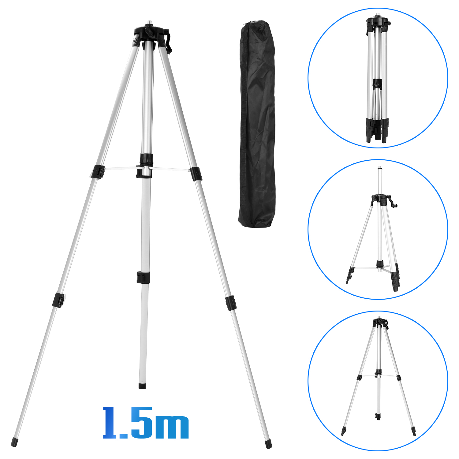 Laser Level Tripod Stand 1.5M - 1.5M 3段階高さ調整可能な合金製延長バー三脚スタンド レーザーレベル用 キャリングバッグ付き 3段階高さ調整可能な三脚スタンド