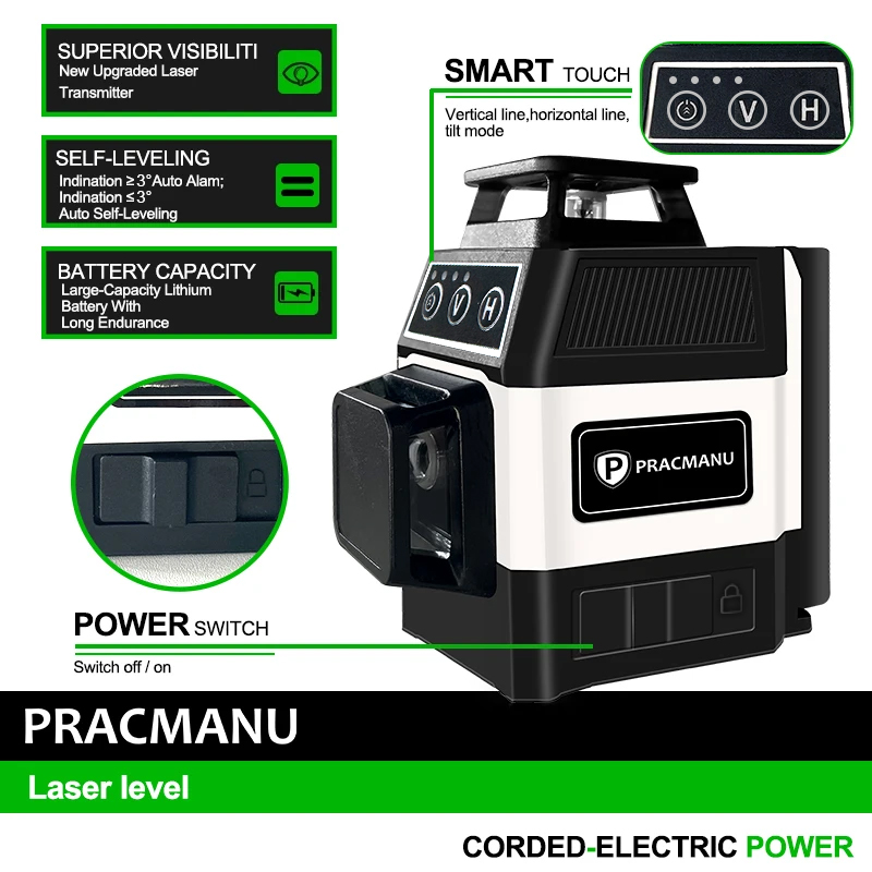 プラクマチュウ-ミニ3Dレーザーレベル,12ライン,セルフレ - Green Beam Laser Level 12 Line のレビューと価格